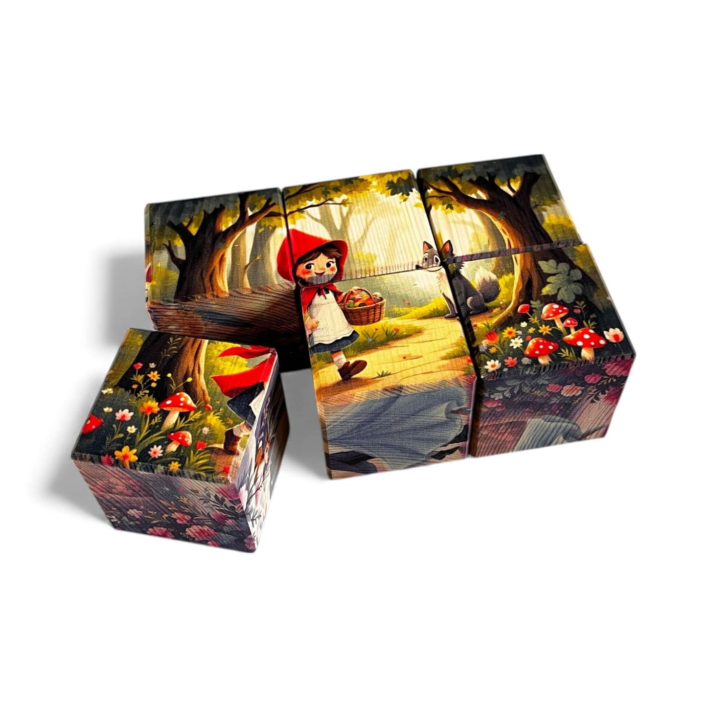 Fairy Tale Picture Blocks – Set of 6 featuring Little Red Riding Hood scene on colorful wooden blocks.