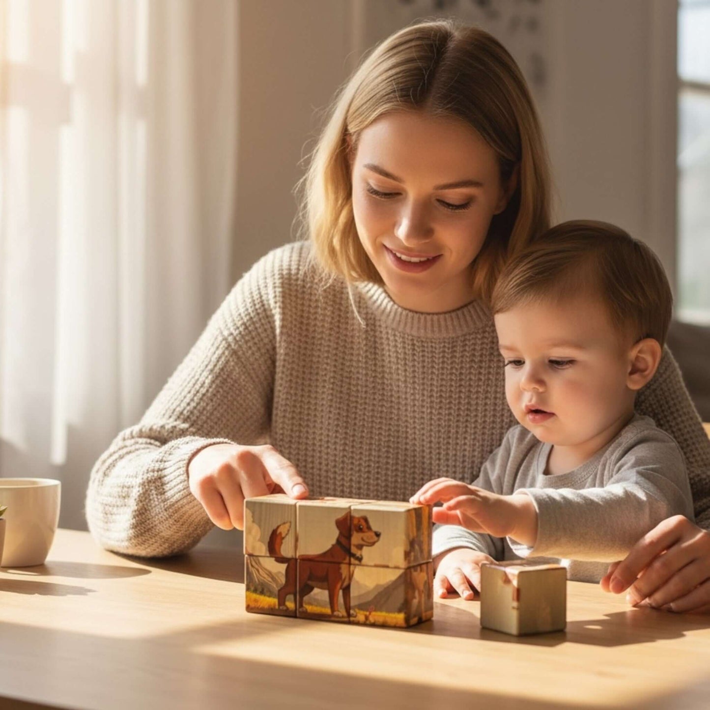 A mother and child enjoy playing with Farm Animal Picture Blocks – Set of 6, assembling dog and farm animal images.