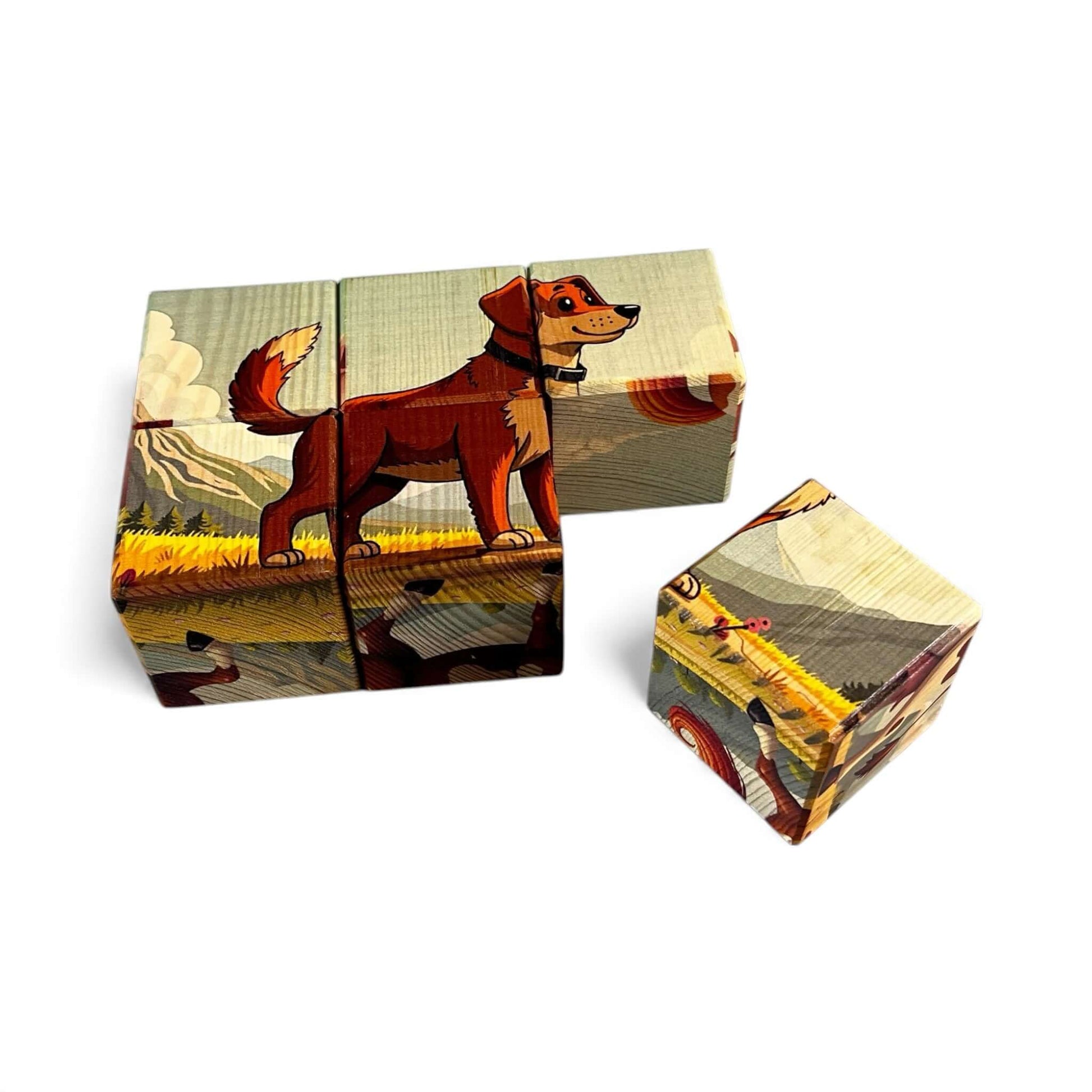Farm Animal Picture Blocks – Set of 6 featuring a wooden dog puzzle block set against a scenic farm background.