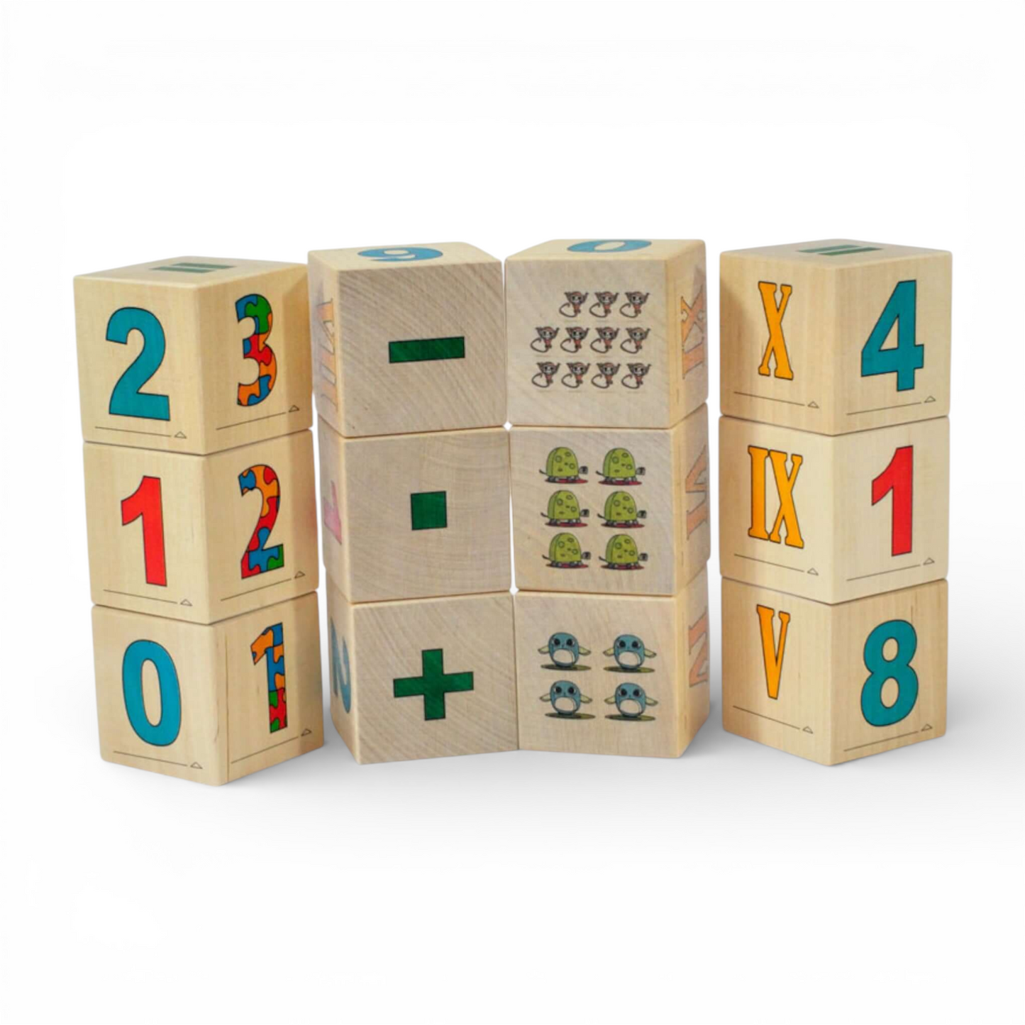 Wooden blocks with numbers - 12 pcs, featuring Arabic and Roman numerals and calculation symbols.