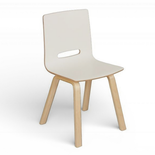 Infano Elf chair with bent birch plywood seat and back, natural wood legs, and a cutout detail.