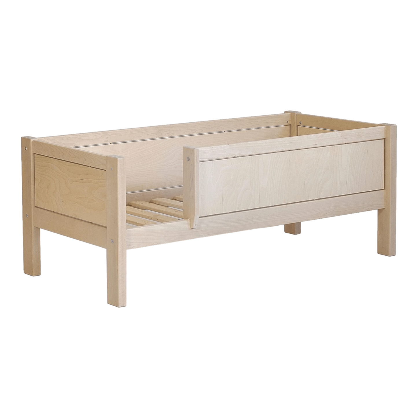 Infano Jerwen junior bed in natural birch wood with a front safety barrier for children, 70x160 cm size.