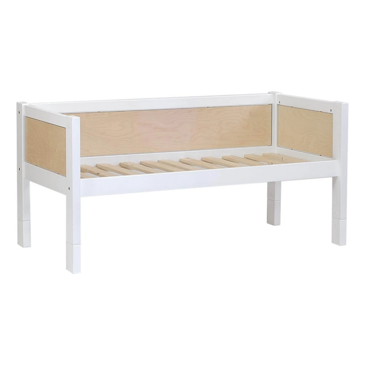 Infano Jerwen compact bed frame in natural birch wood and white finish, 90x200 cm size with slatted base.