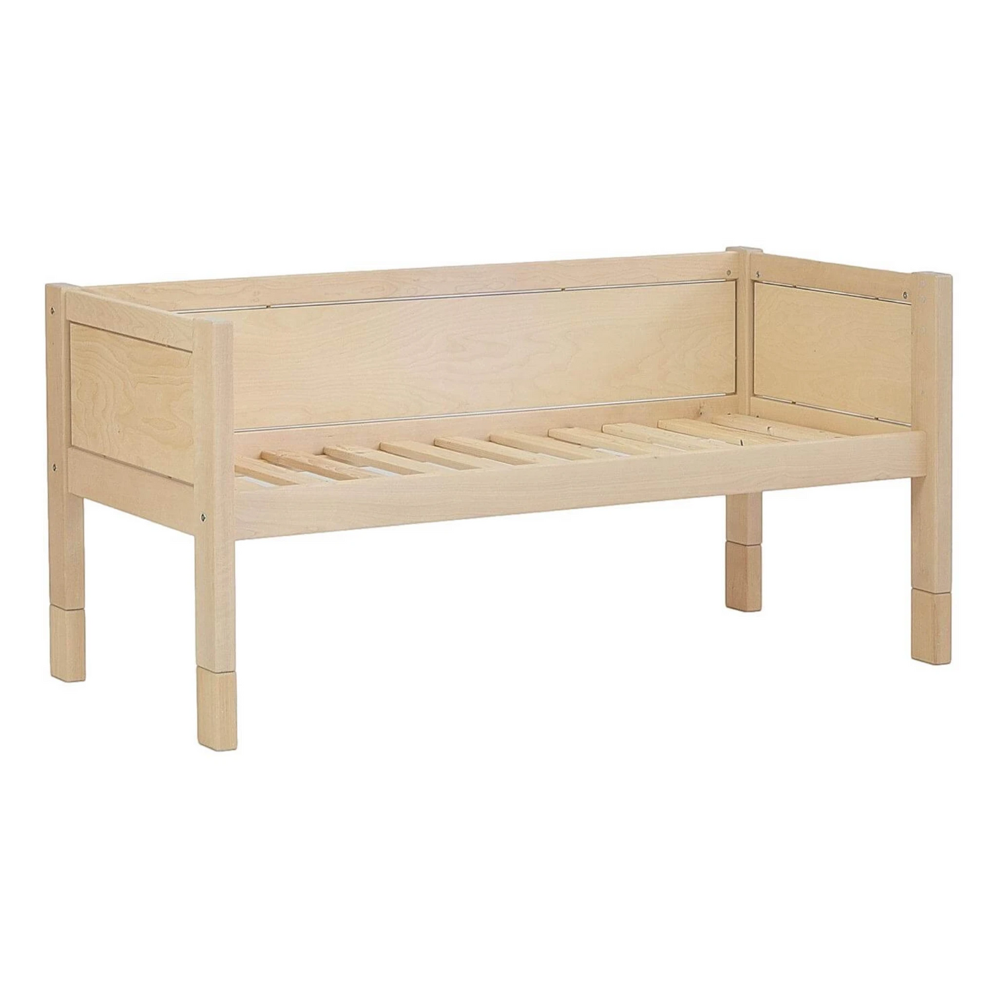 Infano Jerwen compact 90x200 cm bed frame made of natural birch wood with a slatted base and safety side panels
