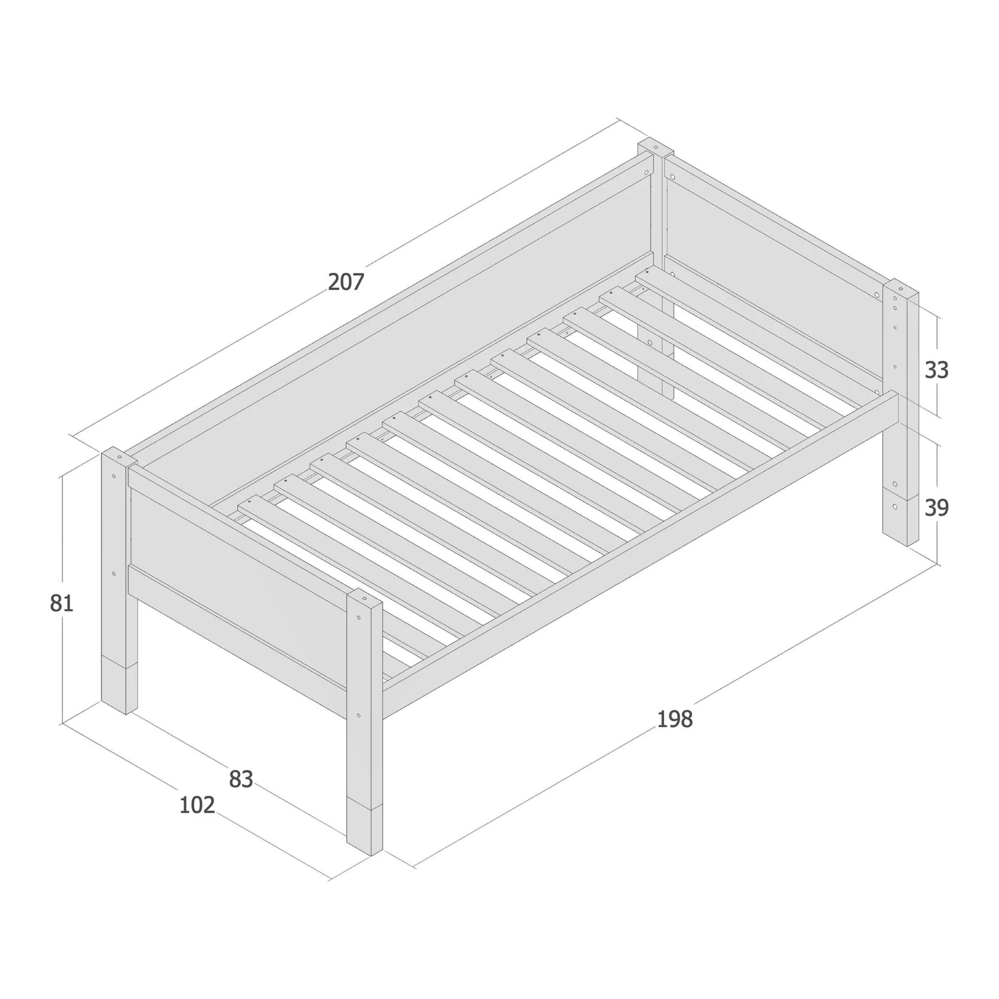 Infano Jerwen compact bed frame in natural birch wood with technical dimensions shown in a 90x200 cm layout.