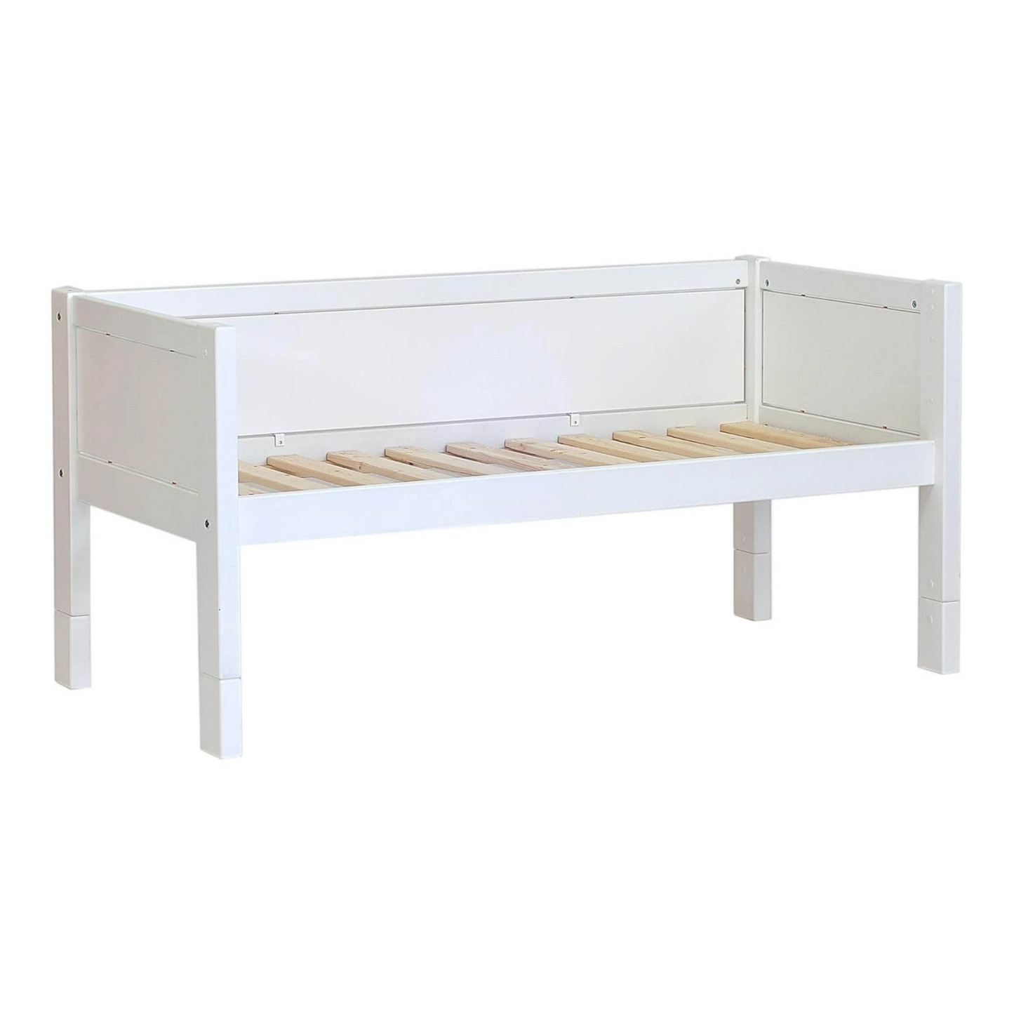 Infano Jerwen compact white birch wood children's bed frame with a slatted base and protective side panels.