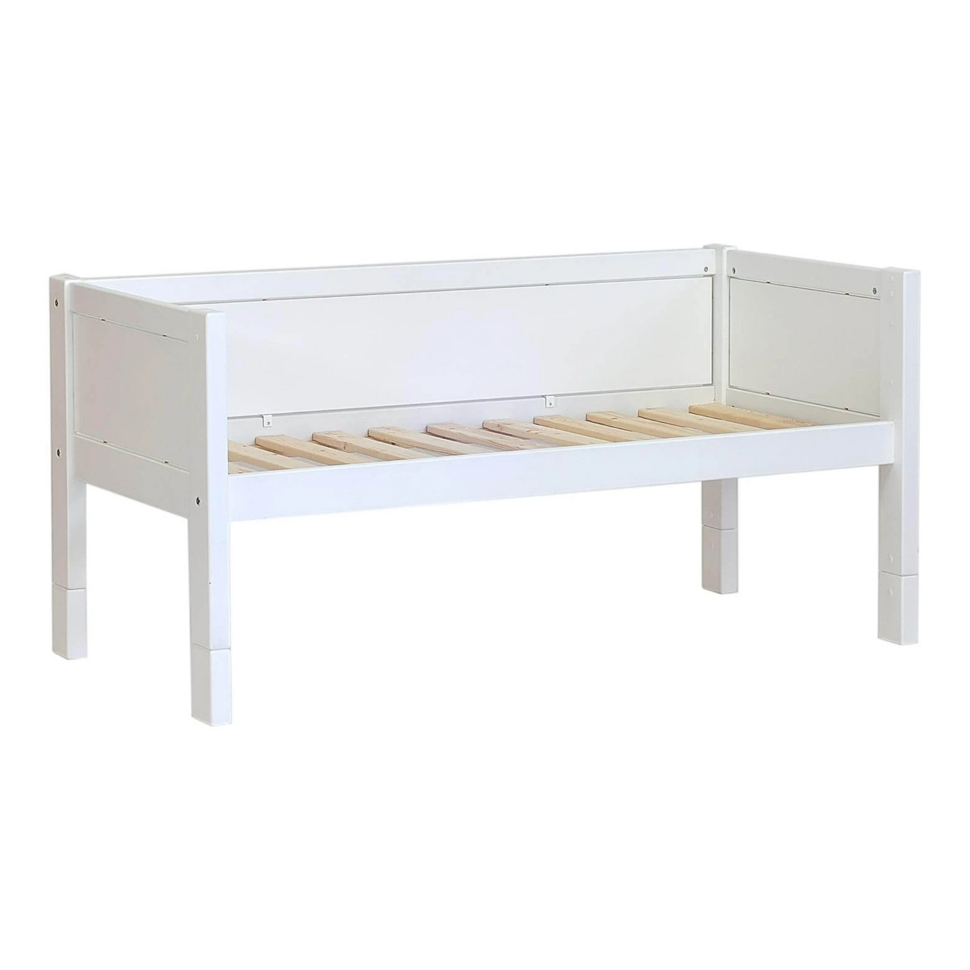 Infano Jerwen compact white birch wood children's bed frame with a slatted base and protective side panels.