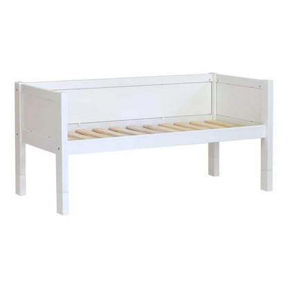 Infano Jerwen compact white birch wood children's bed frame with a slatted base and protective side panels.
