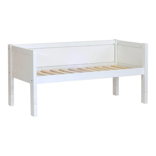 Infano Jerwen compact white birch wood children's bed frame with a slatted base and protective side panels.