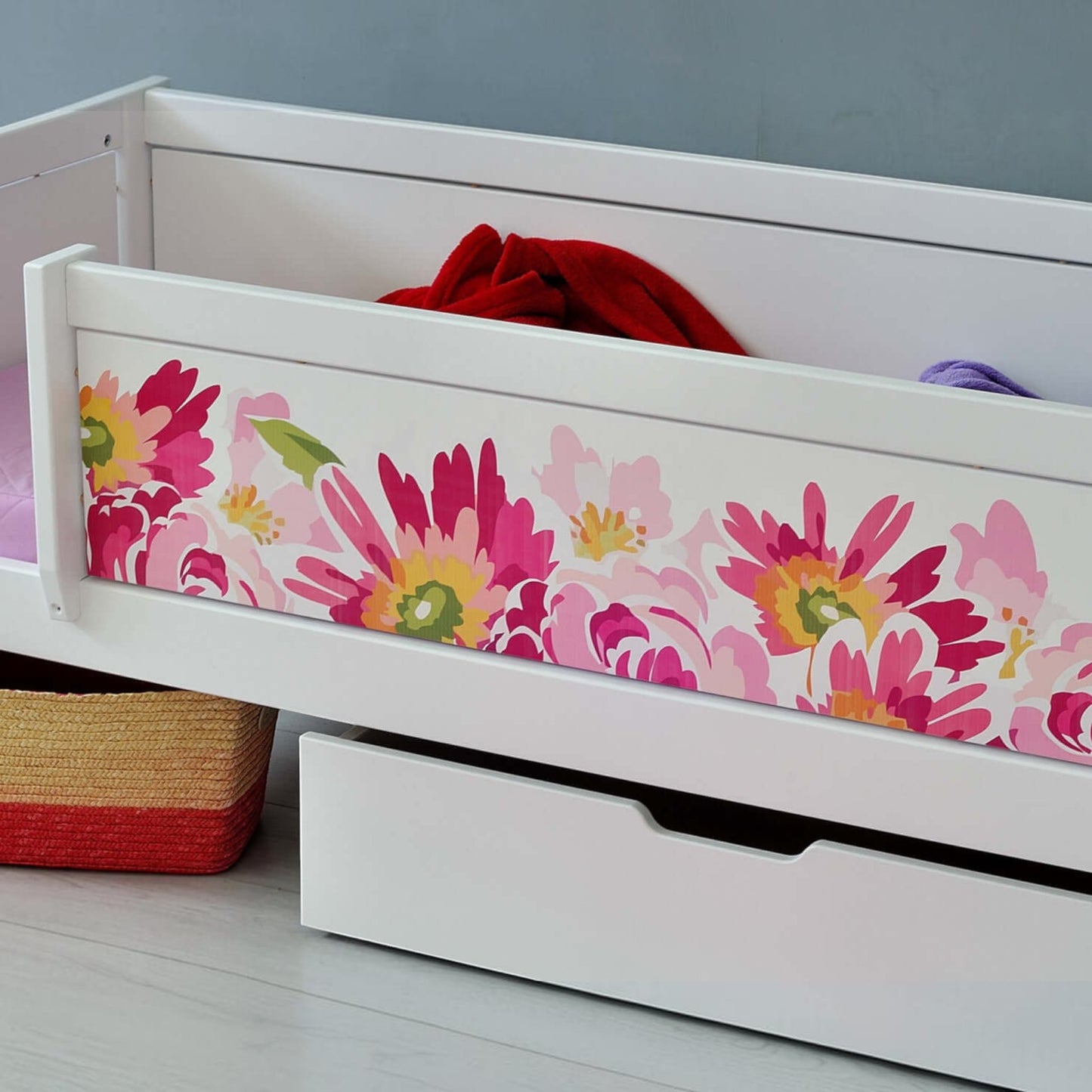 Infano Jerwen white junior bed with floral safety barrier and under-bed storage drawer