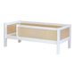 Infano Jerwen junior bed in white and natural birch wood with a front safety barrier for children.