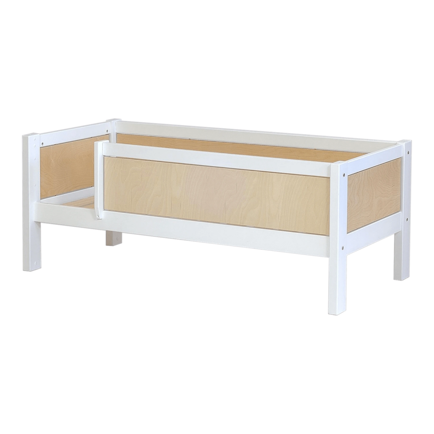 Infano Jerwen junior bed in white and natural birch wood with a front safety barrier for children.