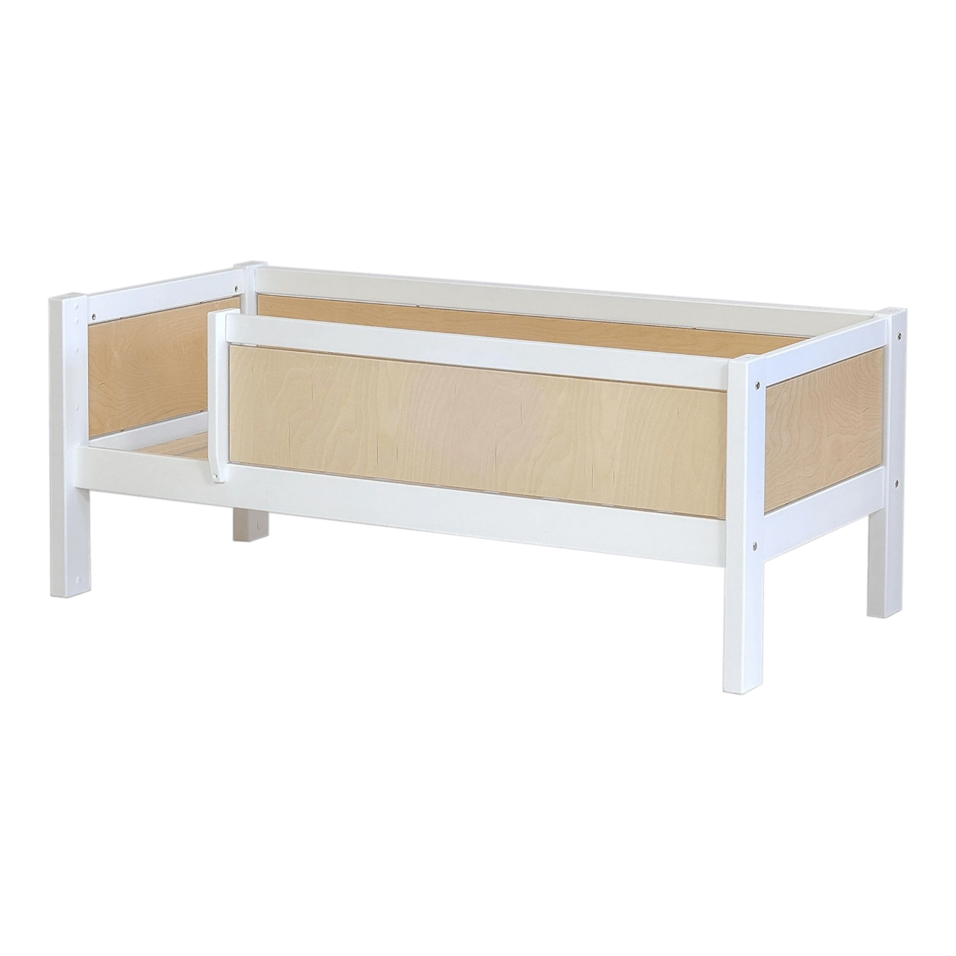 Infano Jerwen junior bed in white and natural birch wood with a front safety barrier for children.
