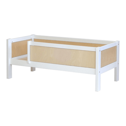 Infano Jerwen junior bed in white and natural birch wood with a front safety barrier for children.