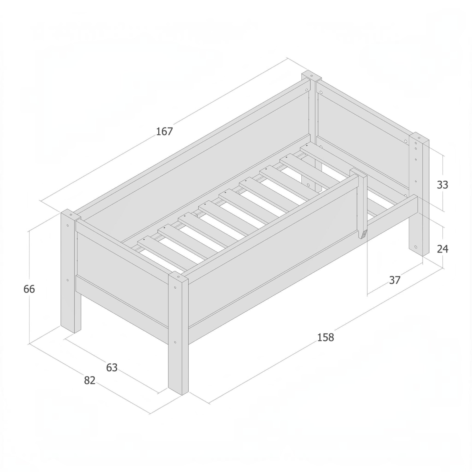 Infano Jerwen junior bed technical drawing showing dimensions for a 70x160 cm solid birch wood frame with safety rail