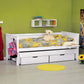 Infano Jerwen white birch wood compact bed with under-bed storage drawers and safety side rail in a child's bedroom.