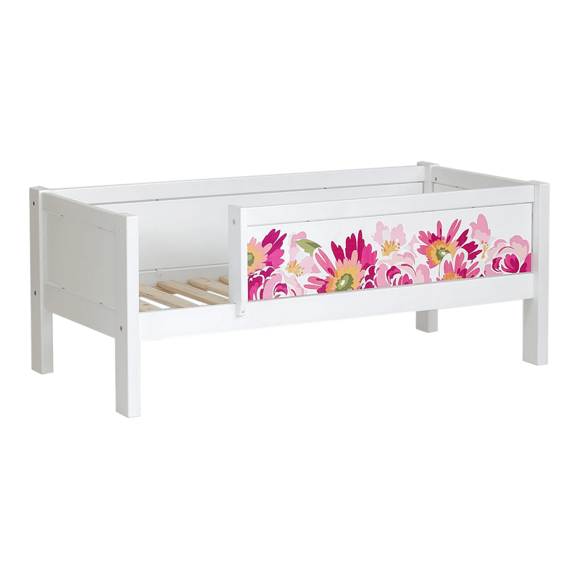 Infano Jerwen white junior bed with floral safety barrier and solid birch wood frame for children