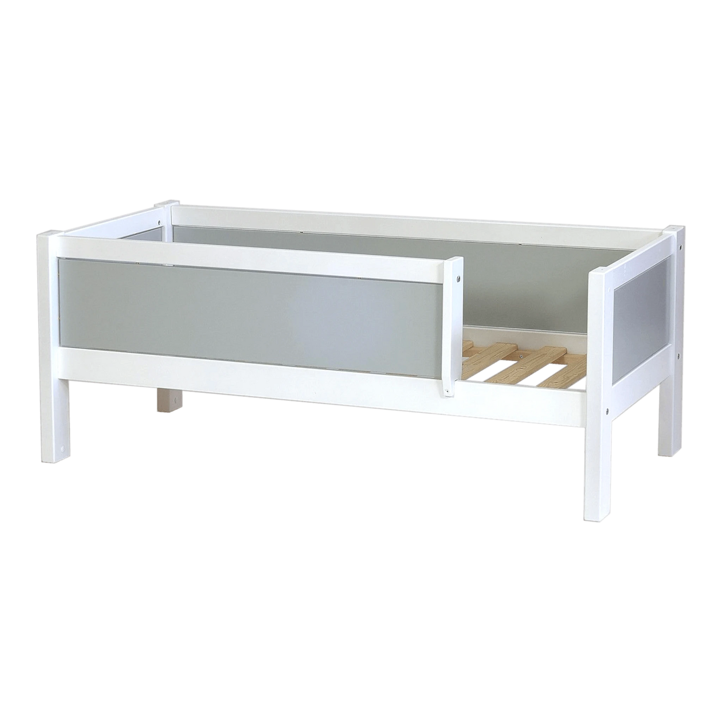 Infano Jerwen junior bed in white and grey birch wood with a front safety barrier for children