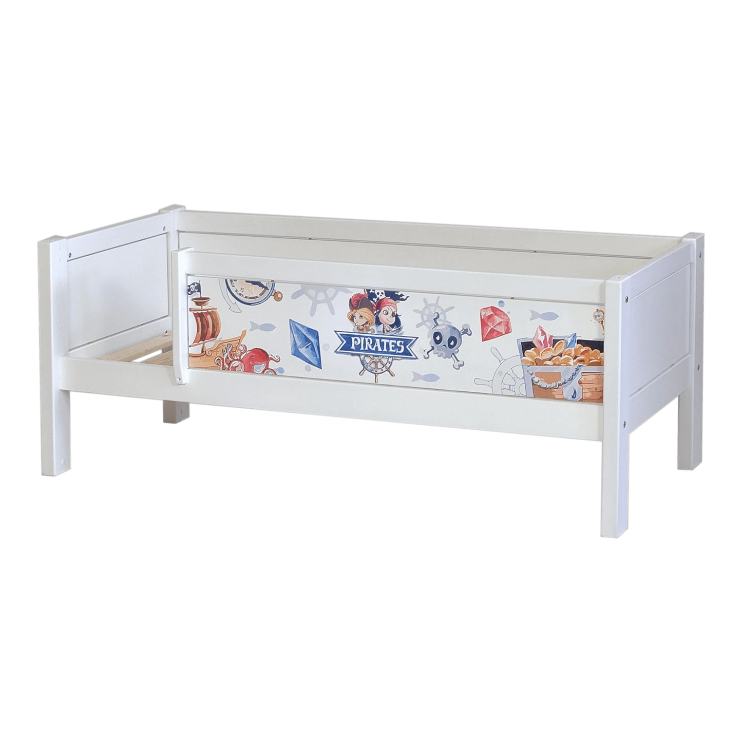 Infano Jerwen white junior bed with pirate-themed safety barrier and solid birch wood frame for children