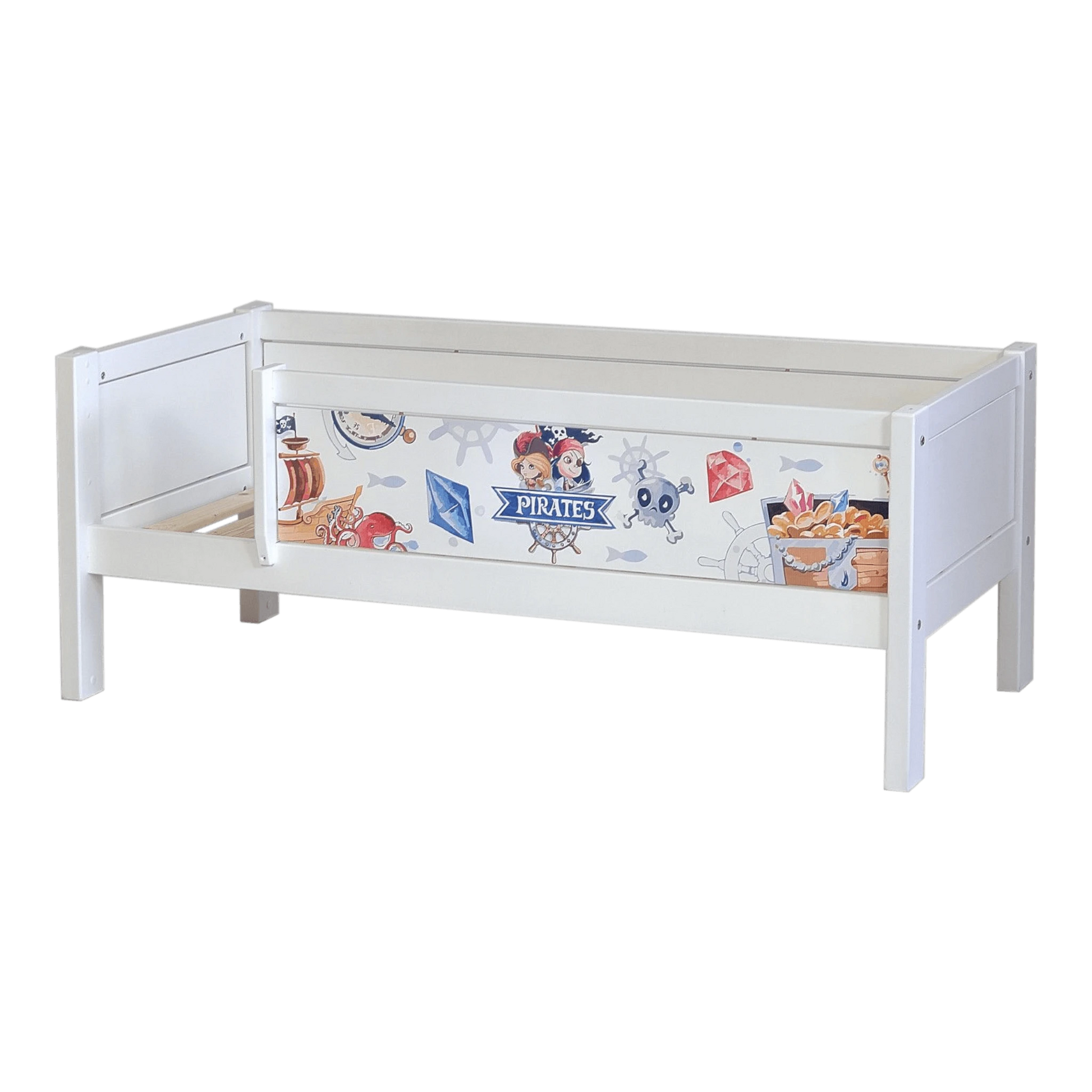 Infano Jerwen white junior bed with pirate-themed safety barrier and solid birch wood frame for children