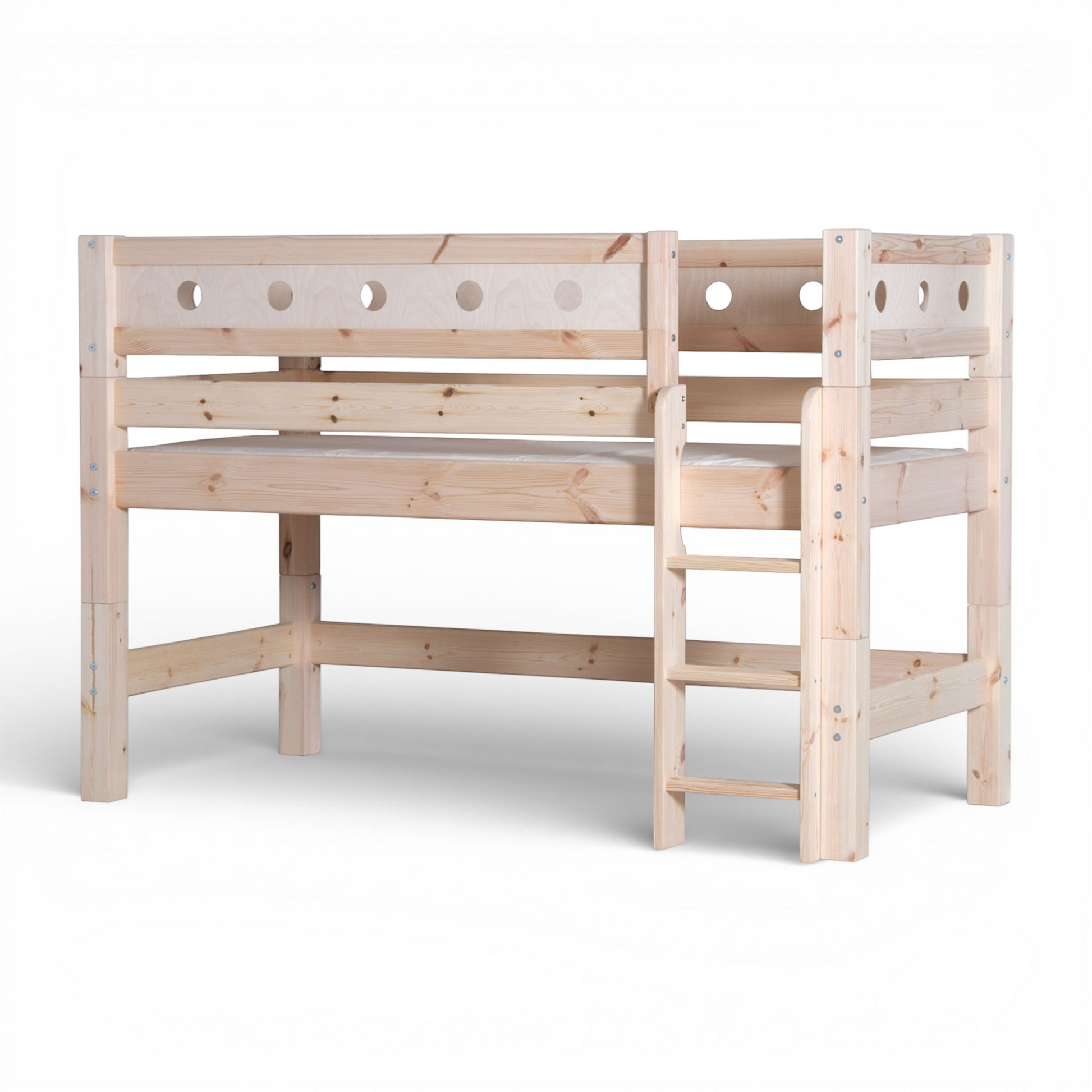 Infano Lahe mid-high bed in natural lacquered pine wood, 90x200 cm, with safety barrier and ladder.