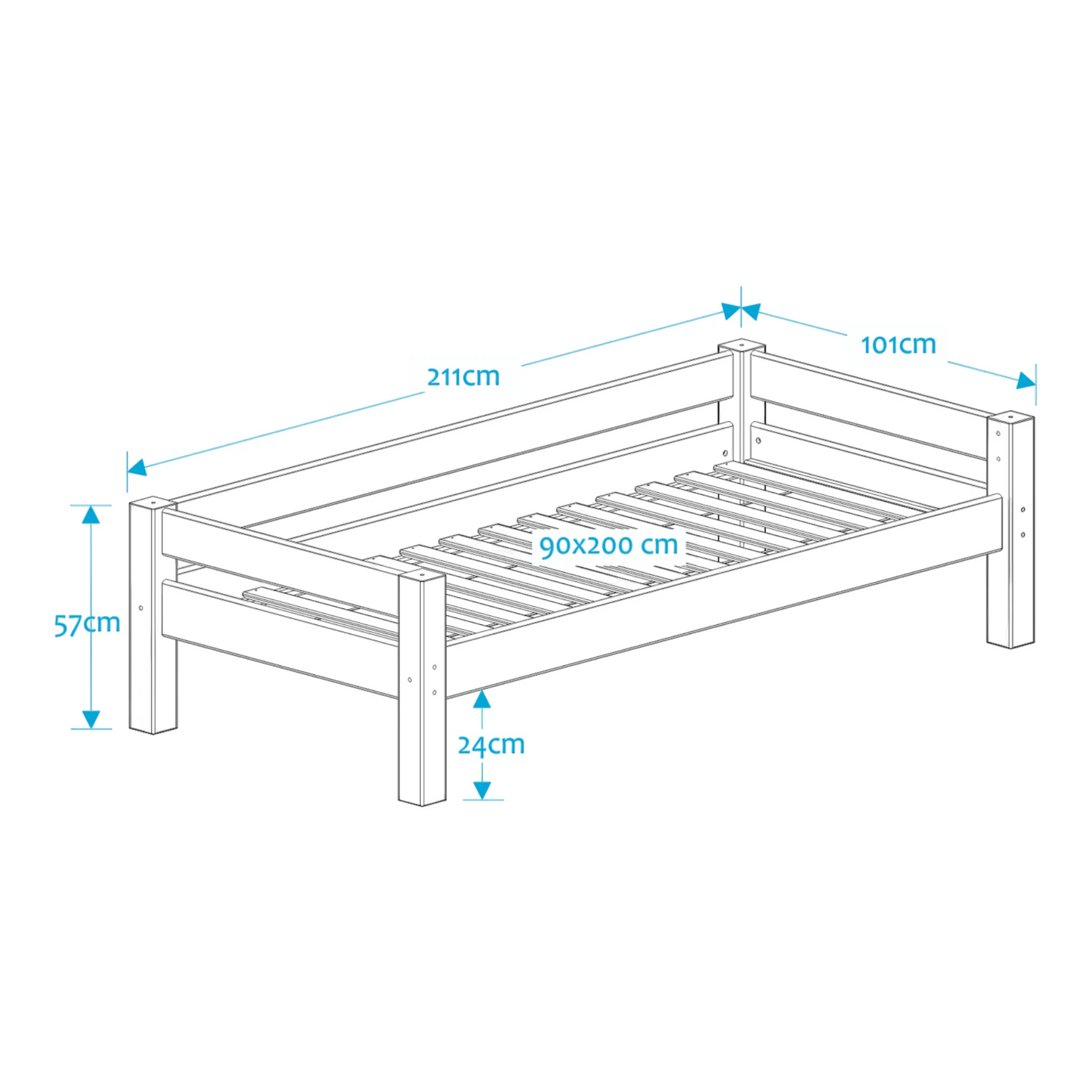 Infano Lahe white pinewood bed frame with backrest, showing 90x200 cm dimensions and structural measurements.