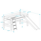 Infano Lahe white wooden half high bed with slant ladder and slide, showing dimensions for 90x200 cm mattress.