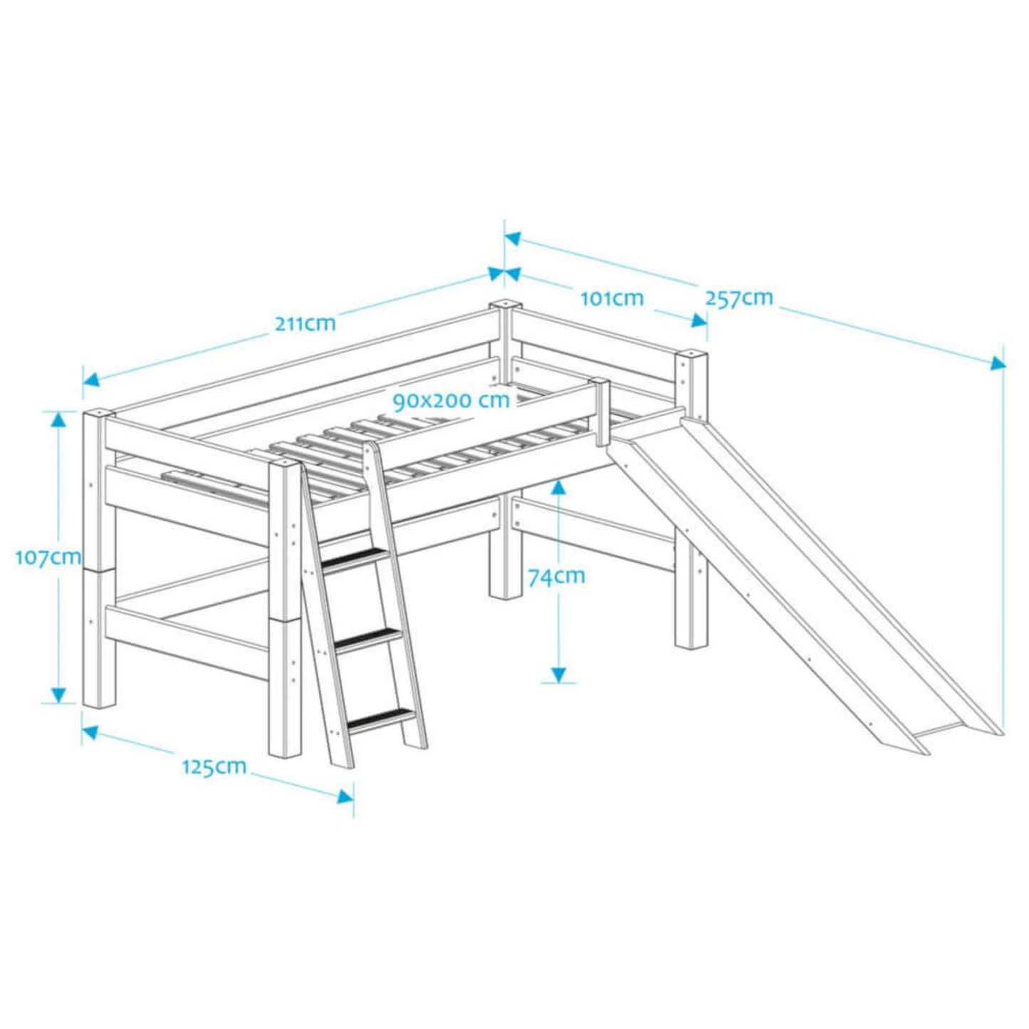 Infano Lahe white wooden half high bed with slant ladder and slide, showing dimensions for 90x200 cm mattress.