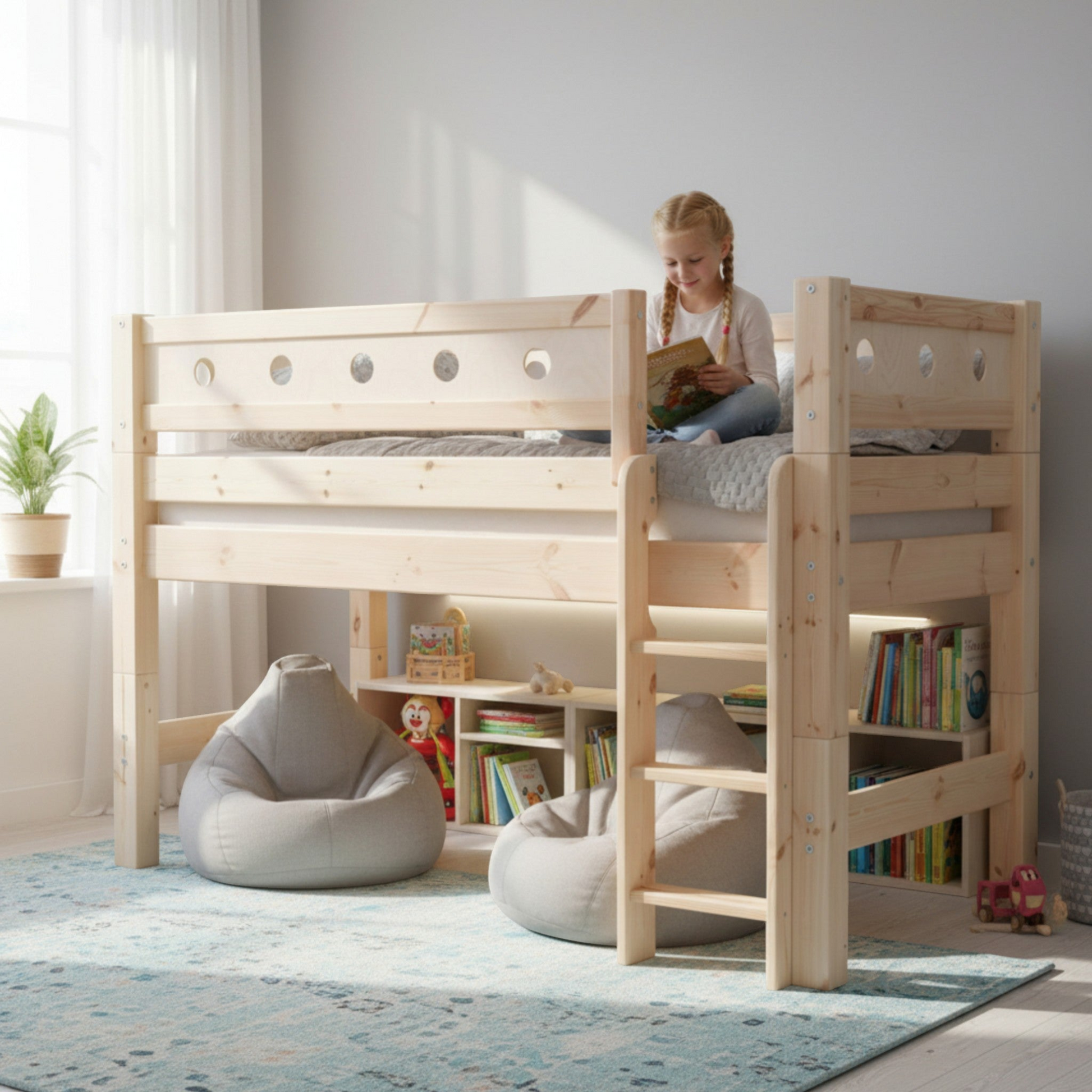 Infano natural lacquered pine mid-high bed with safety barrier, 90x200 cm, for kids' room.