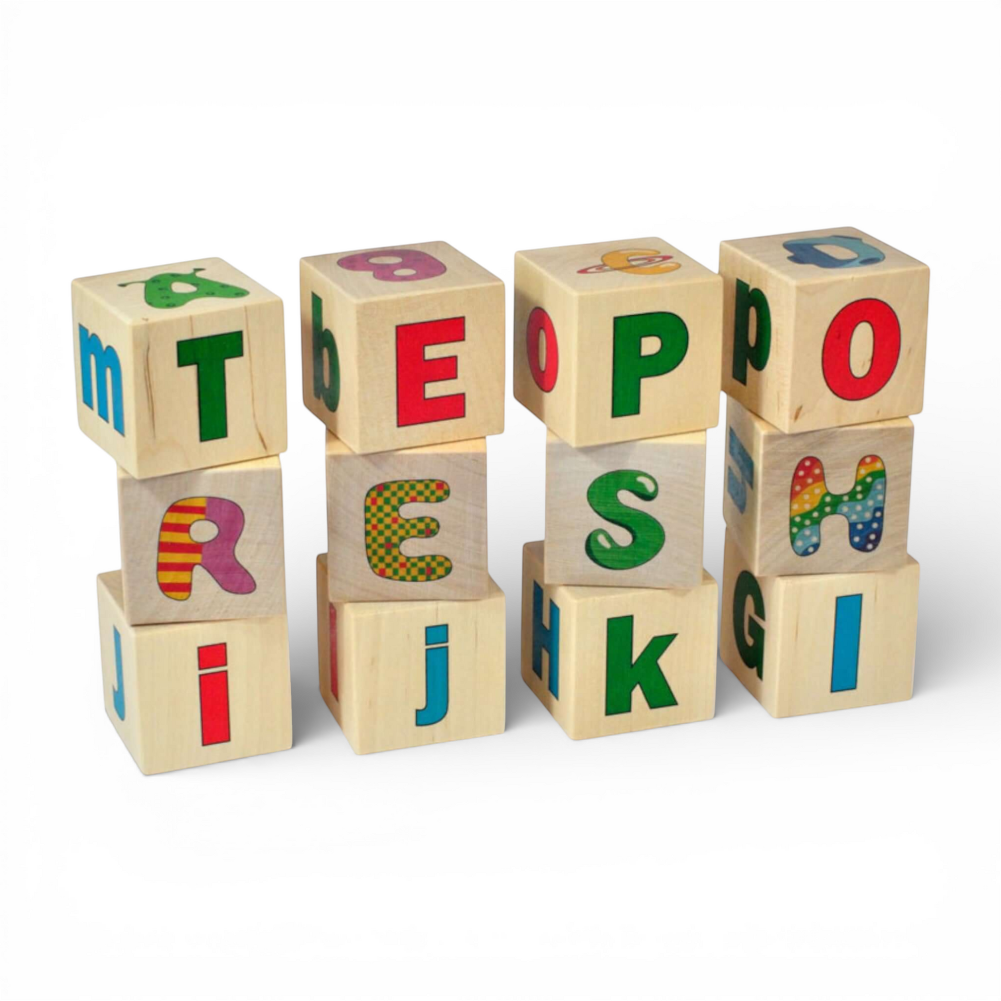 Infano wooden letter blocks with colorful alphabet letters and patterns. Set of 12 blocks for learning and play.