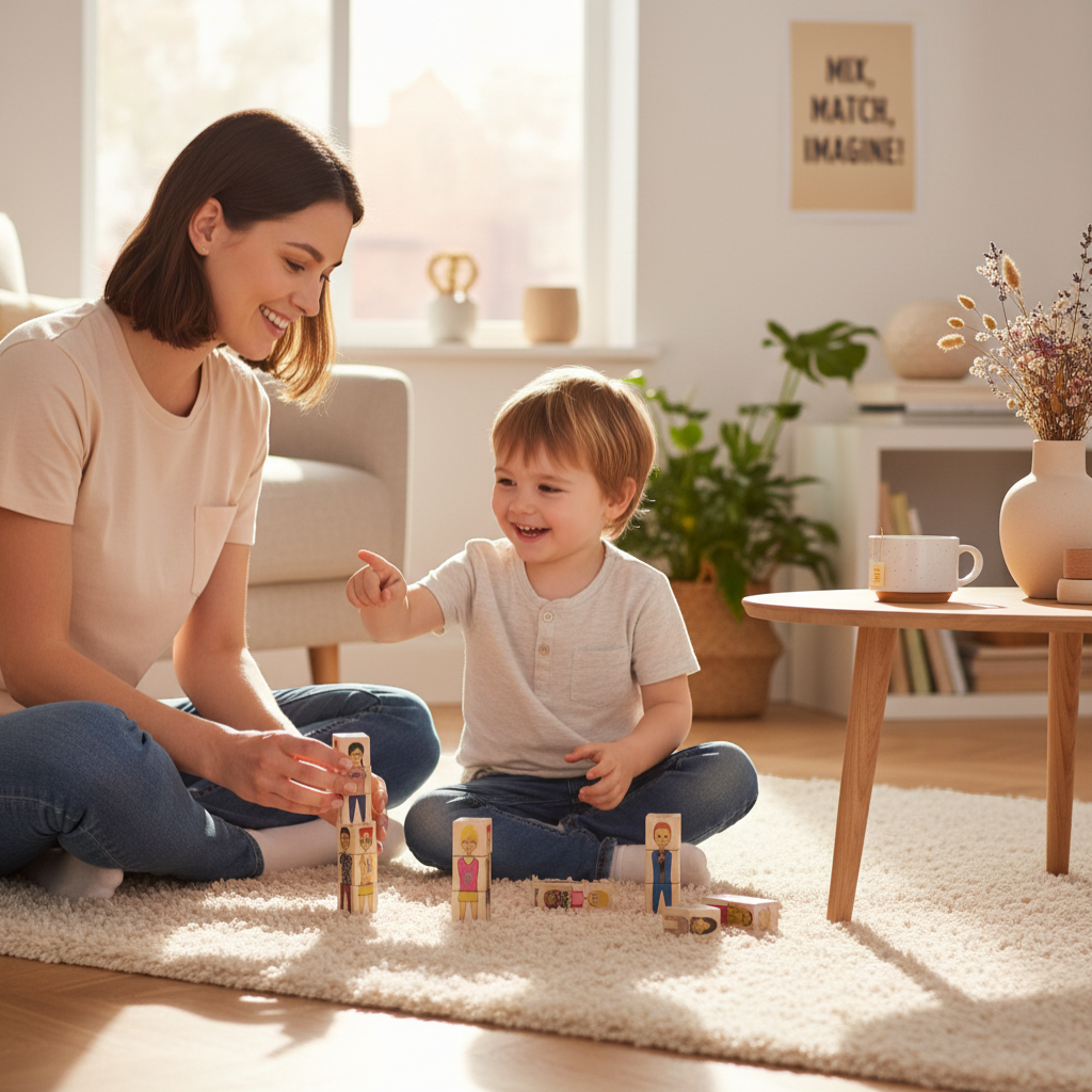 Infano wooden picture blocks with fashion figures for dress-up play, made from birch wood.