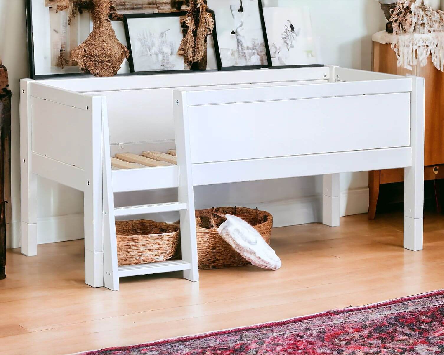 Jerwen - Compact bed with safety barrier and ladder - 70x160 cm shown in a stylish bedroom setting.