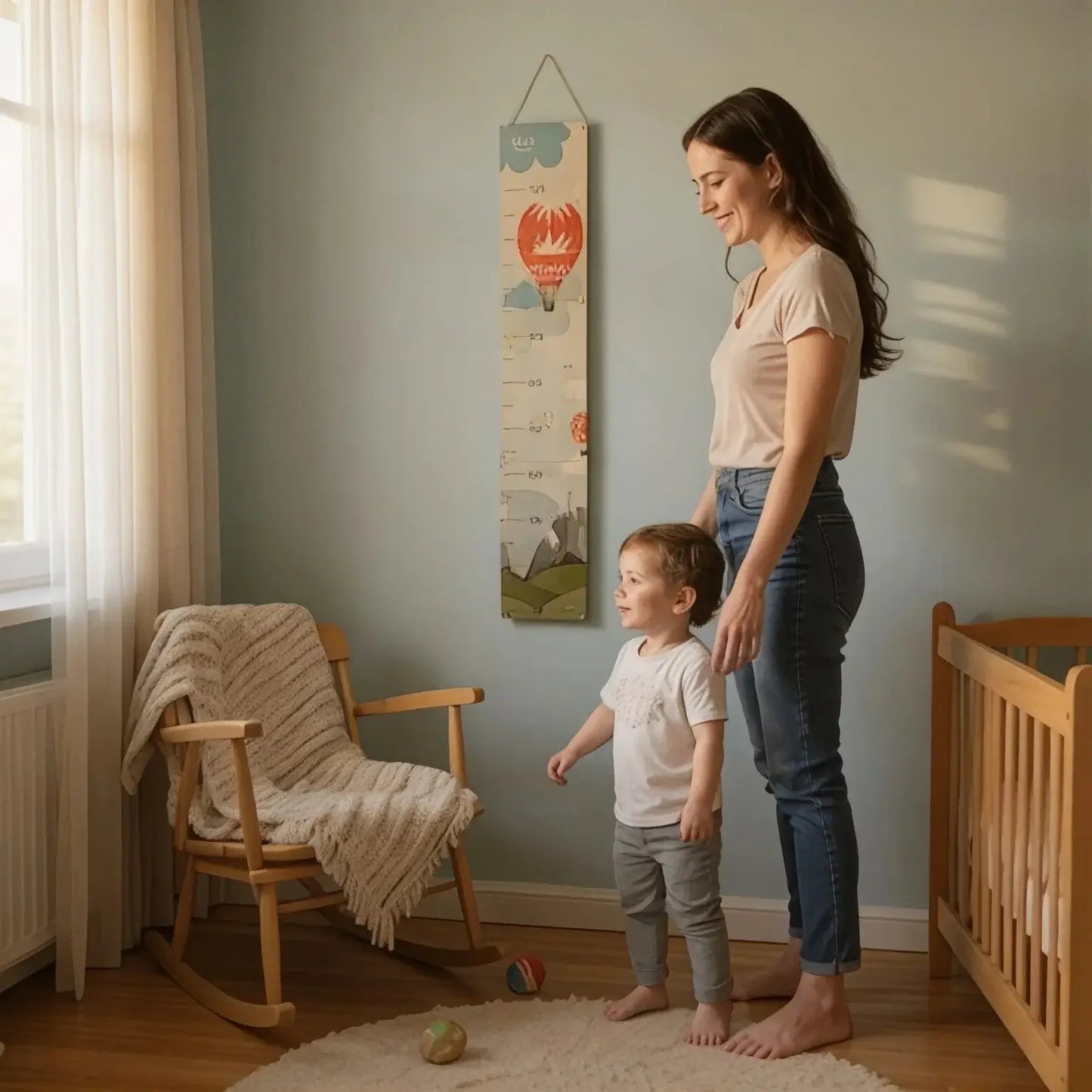 A mother measuring her child's height with a Kids measuring stick on the wall in a cozy nursery.