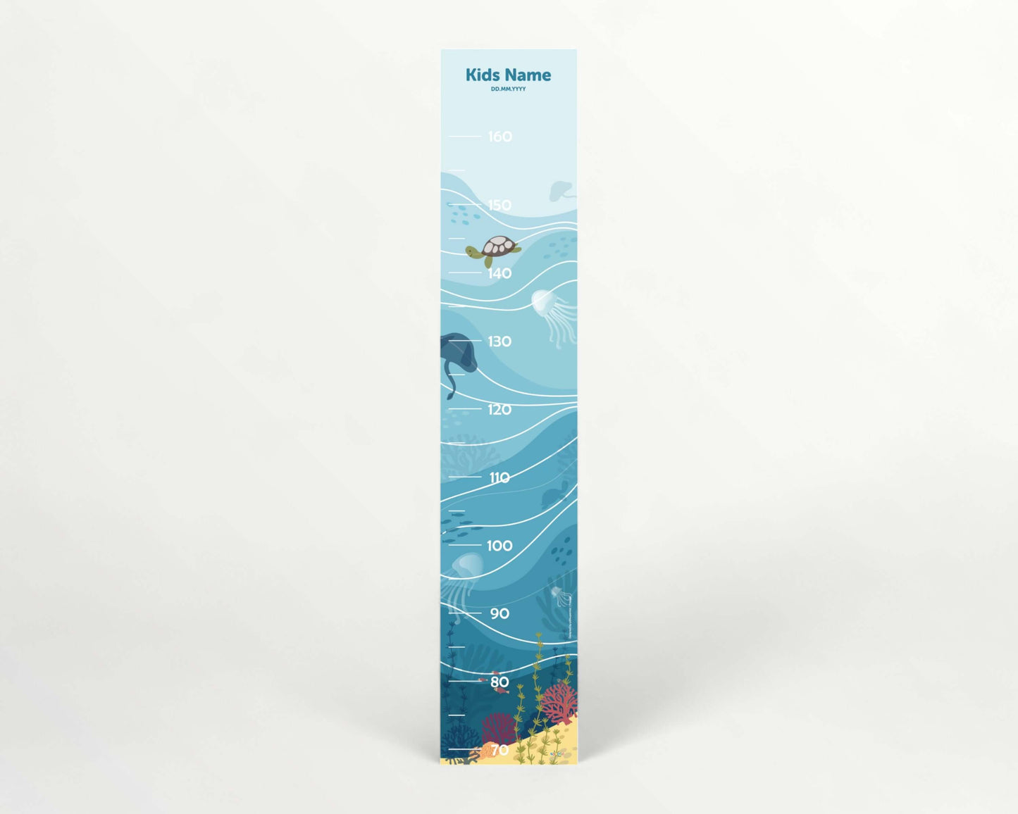 Kids measuring stick designed for measuring children's height with colorful underwater theme.