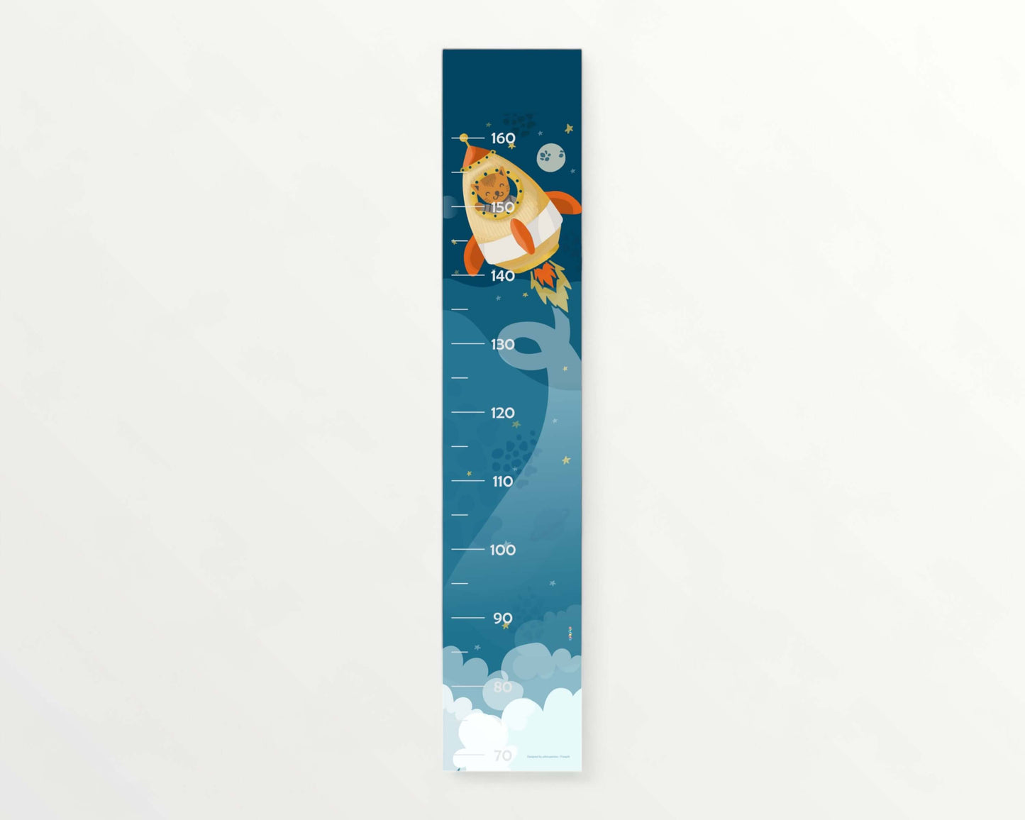 Kids measuring stick design featuring a rocket and a lion, measuring heights from 70 cm to 160 cm.