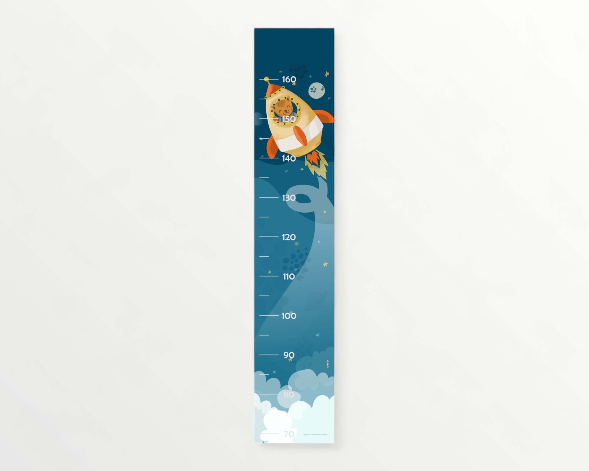 Kids measuring stick design featuring a rocket and a lion, measuring heights from 70 cm to 160 cm.