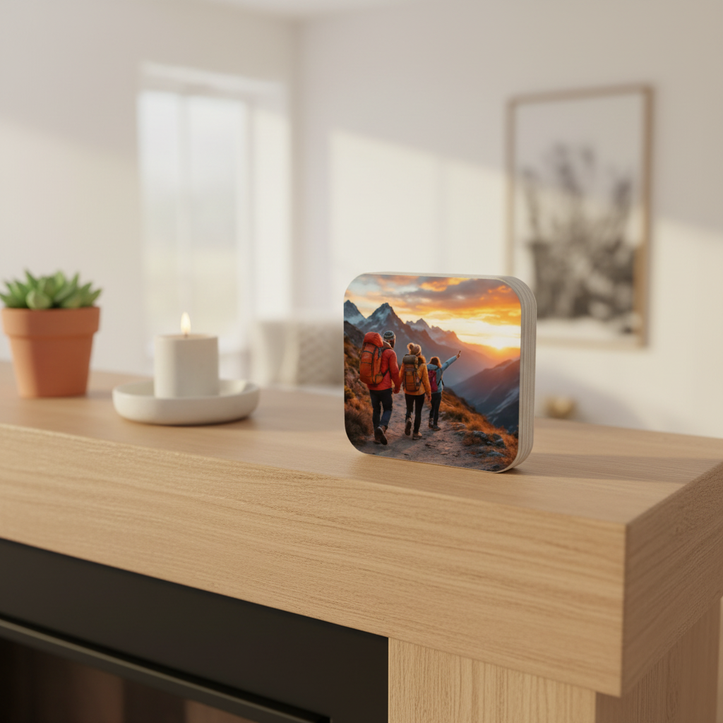 Lähem vaade puidust fotoplokist kamina simsil