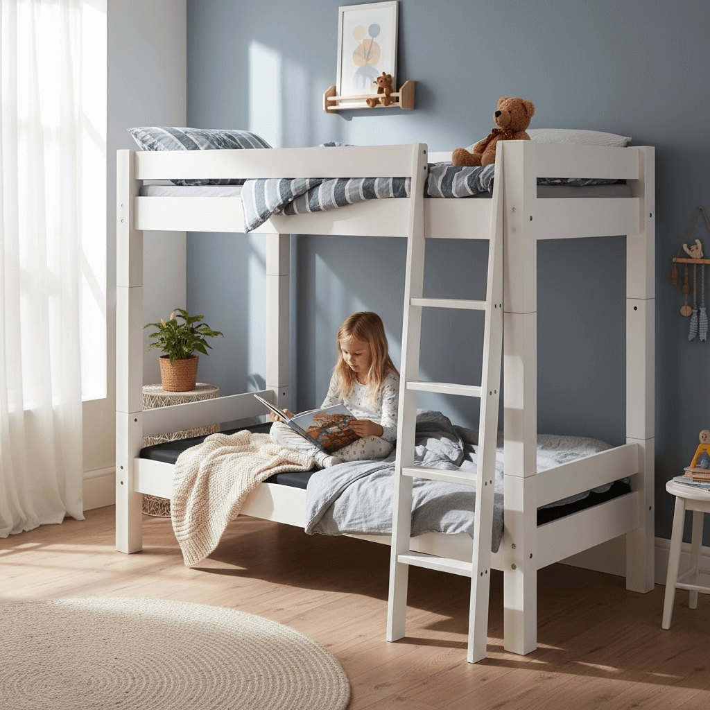 Lahe - Bunk bed with slant ladder - 90x200 cm - White in a stylish bedroom with a child reading.