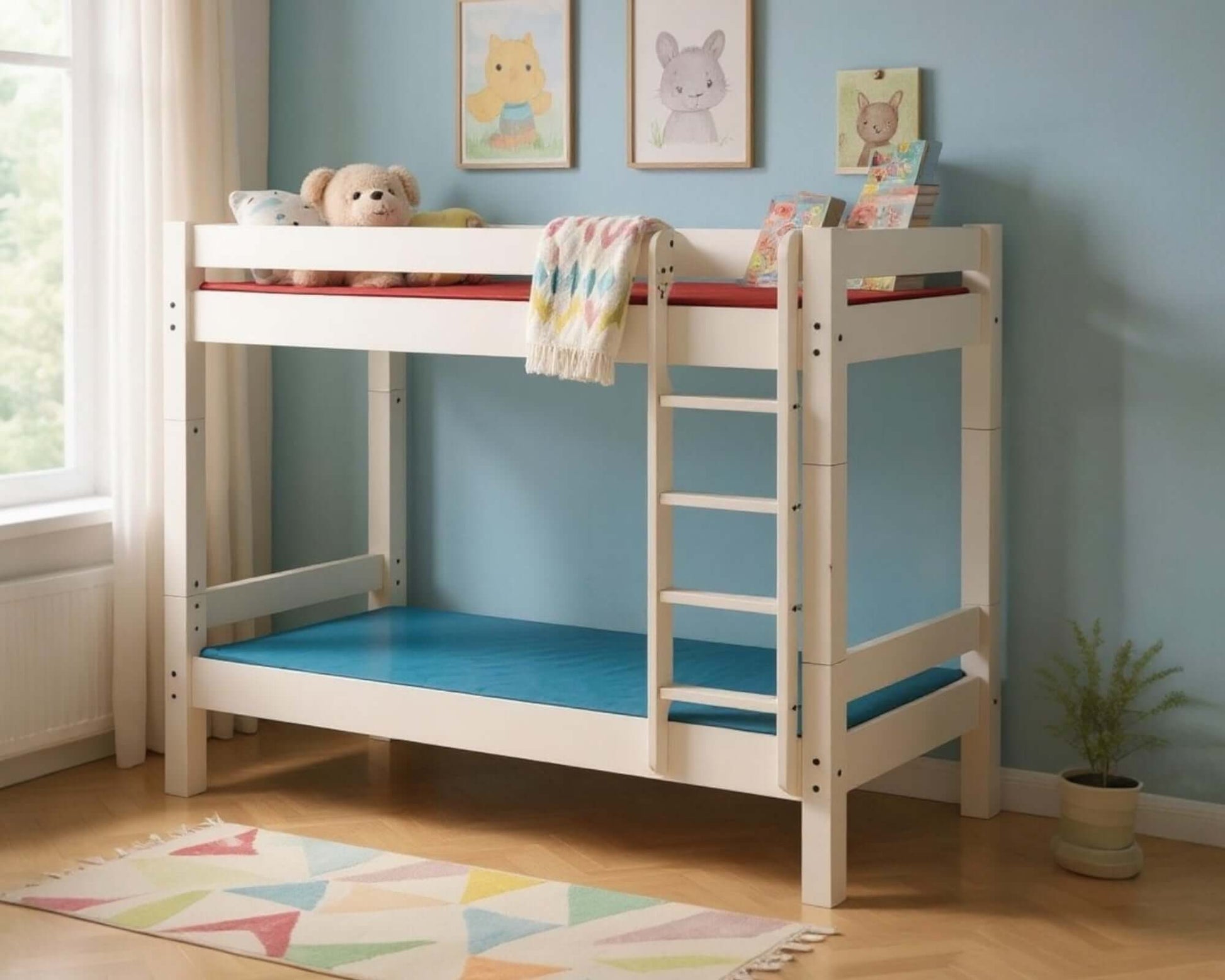 Lahe - Bunk bed with straight ladder - 90x200 cm - White in a stylish Scandinavian children's room.