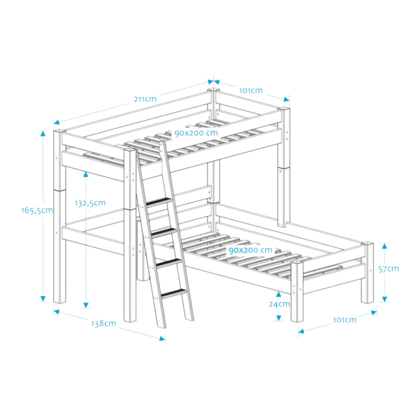 Lahe - Corner bunk bed with slant ladder - 90x200 cm - White dimensions illustration with measurements.