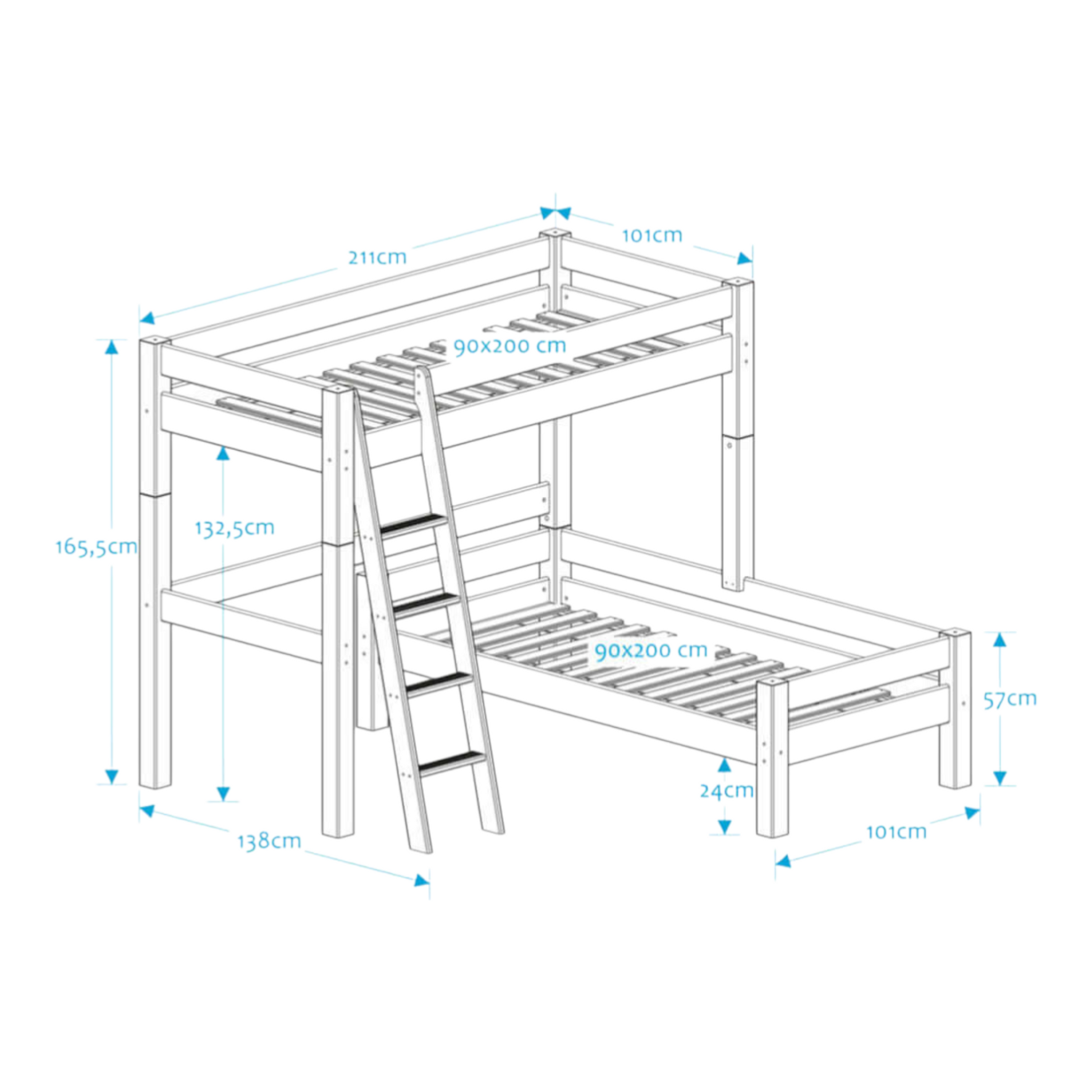 Lahe - Corner bunk bed with slant ladder - 90x200 cm - White dimensions illustration with measurements.