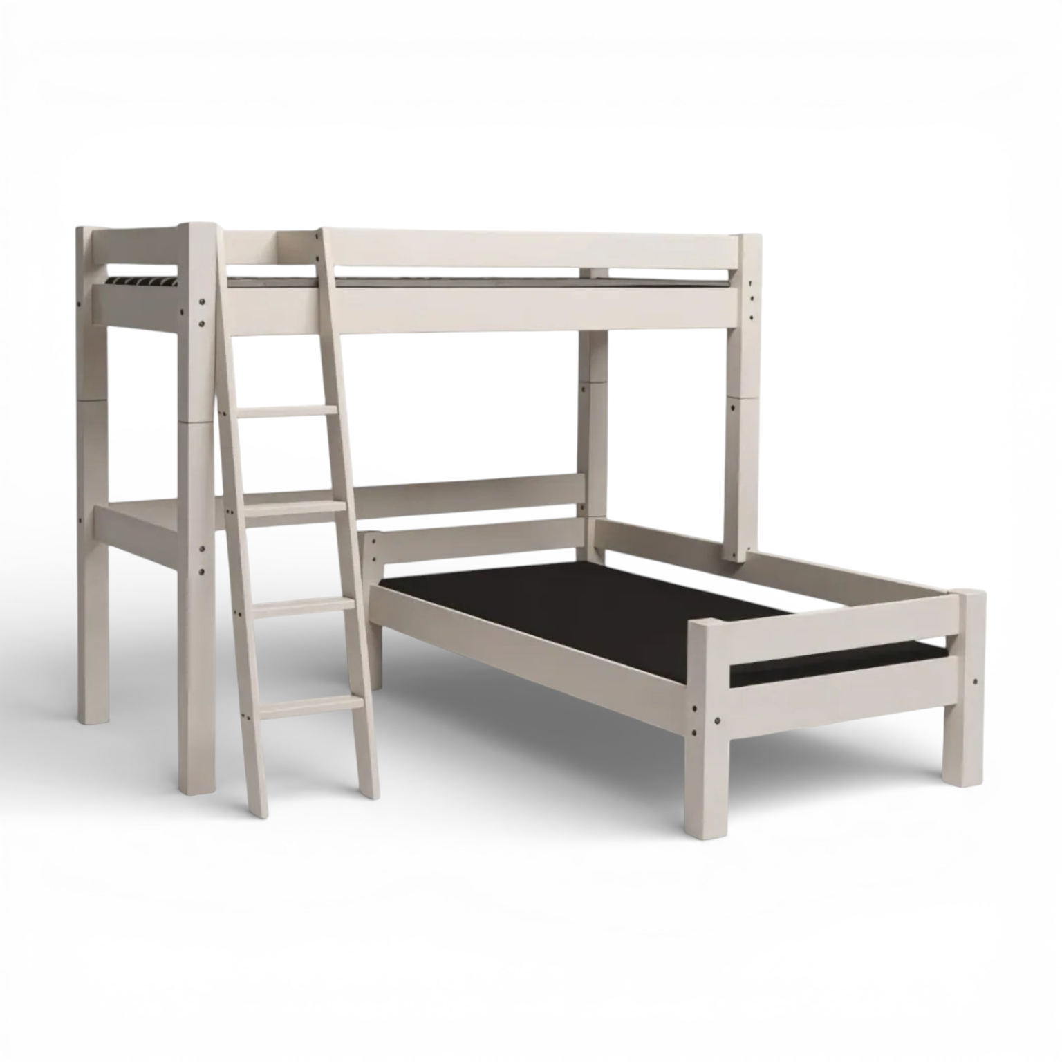 Lahe - Corner bunk bed with slant ladder - 90x200 cm - White displayed with natural wood finish.