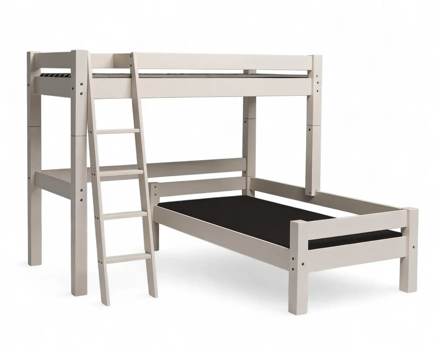 Lahe - Corner bunk bed with slant ladder - 90x200 cm - White displayed with natural wood finish.