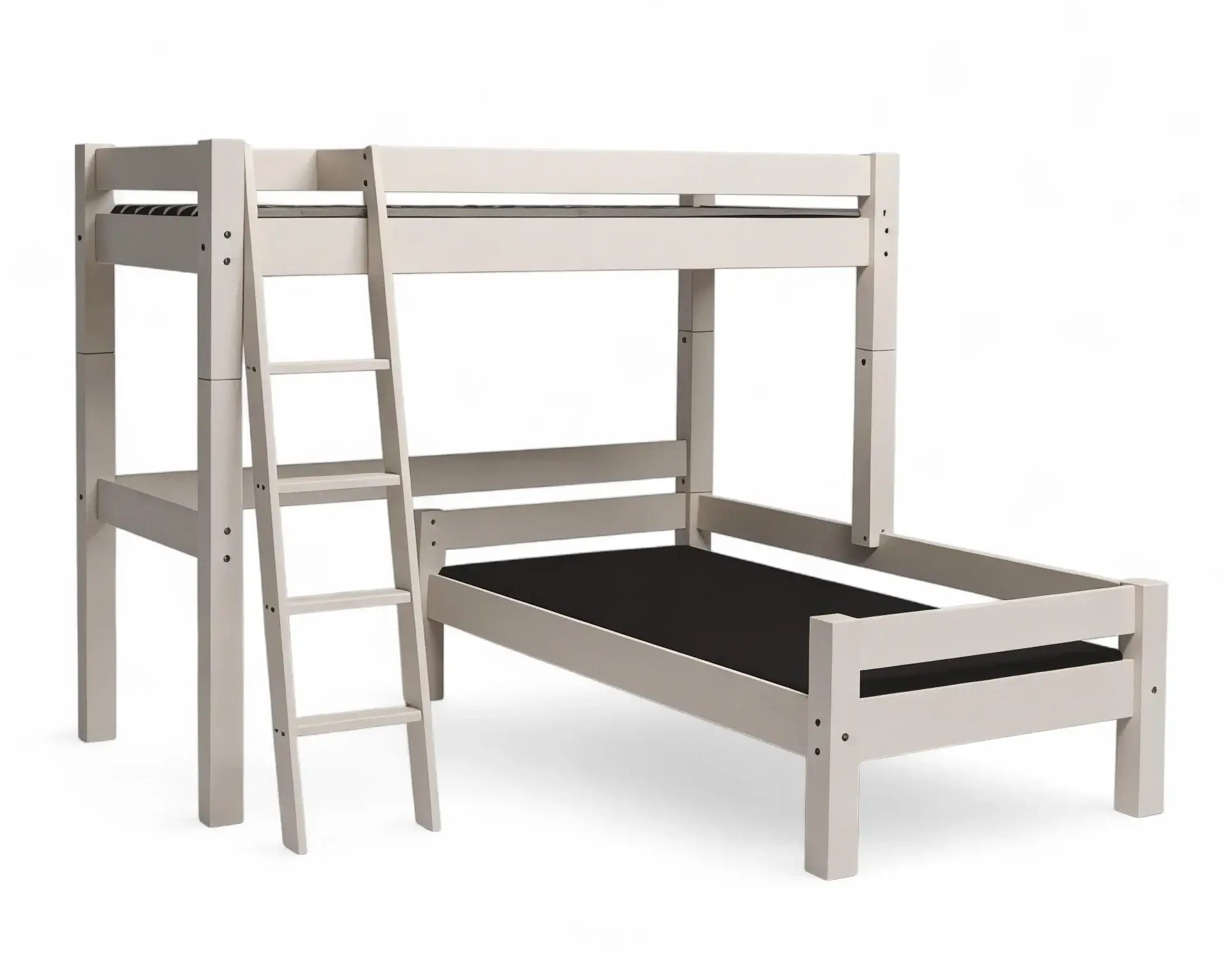 Lahe - Corner bunk bed with slant ladder - 90x200 cm - White displayed with natural wood finish.