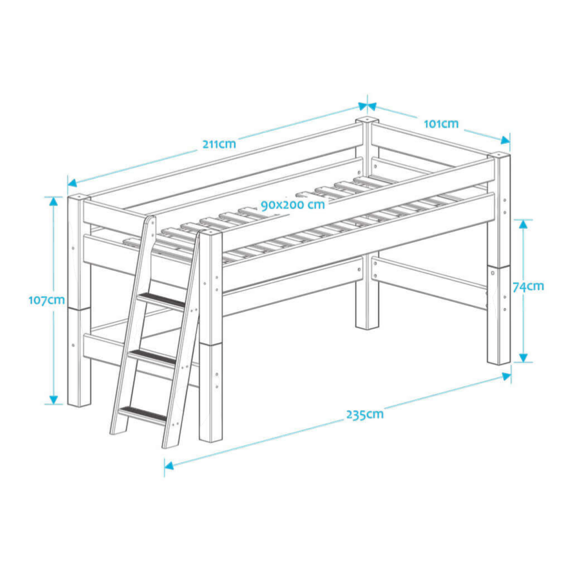 Lahe - Half high bed with slant ladder end mount - 90x200 cm - White dimensions illustration