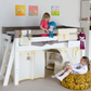 Lahe - Half high bed with slant ladder end mount - 90x200 cm - White in a children's room with kids playing.