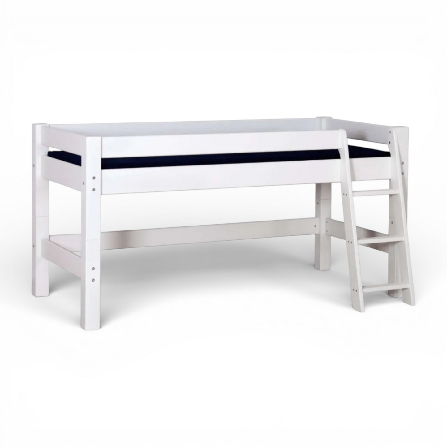 Lahe - Half high bed with slant ladder - 90x200 cm - White, featuring a sturdy design and a durable natural wood frame.
