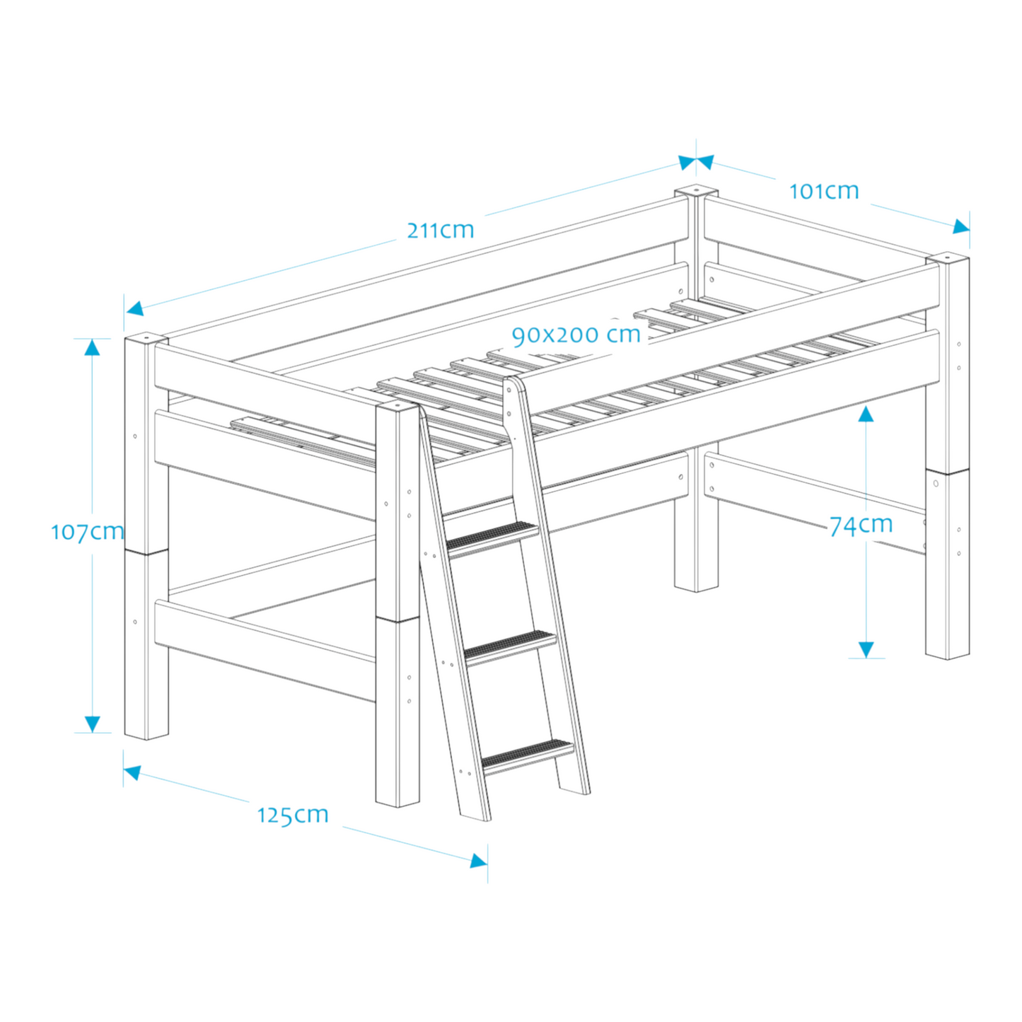 Lahe - Half high bed with slant ladder - 90x200 cm - White dimensions and specifications diagram.