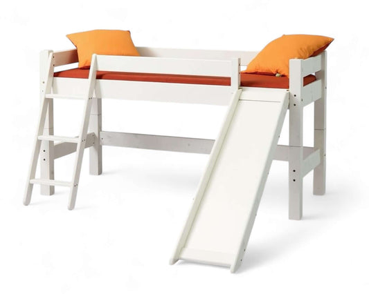 Lahe - Half high bed with slant ladder and slide - 90x200 cm - White, designed for fun and functionality with natural wood.