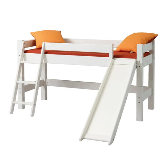 Lahe - Half high bed with slant ladder and slide - 90x200 cm - White, designed for fun and functionality with natural wood.